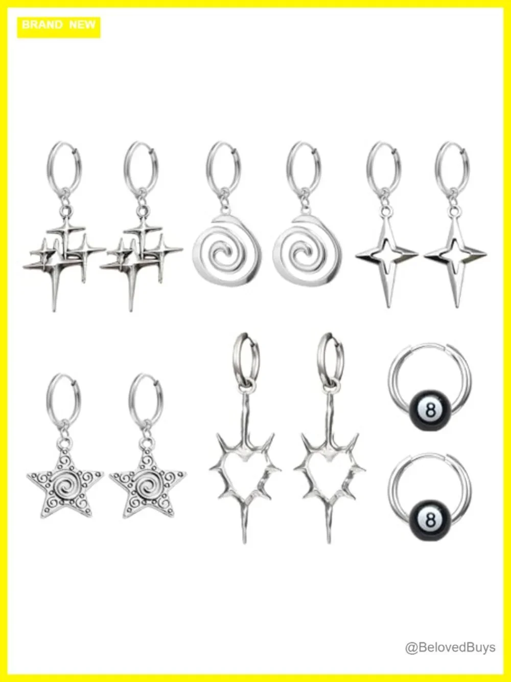 6 Pairs Gothic Y2K Spike Star Hoop Earrings Stainless Steel Snap Back